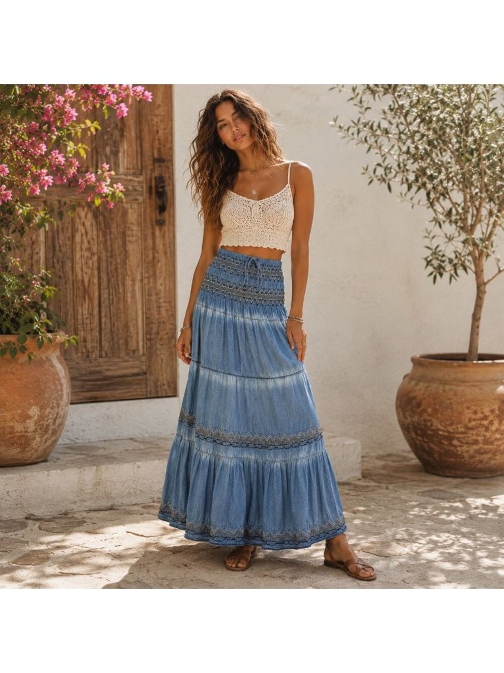 Boho Indigo Lace Womens Sz S Broomstick Maxi Skirt Smocked Tiered Embroidered